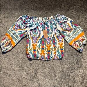 Christian Siriano Orange and Blue Smocked Ruffled Blouse